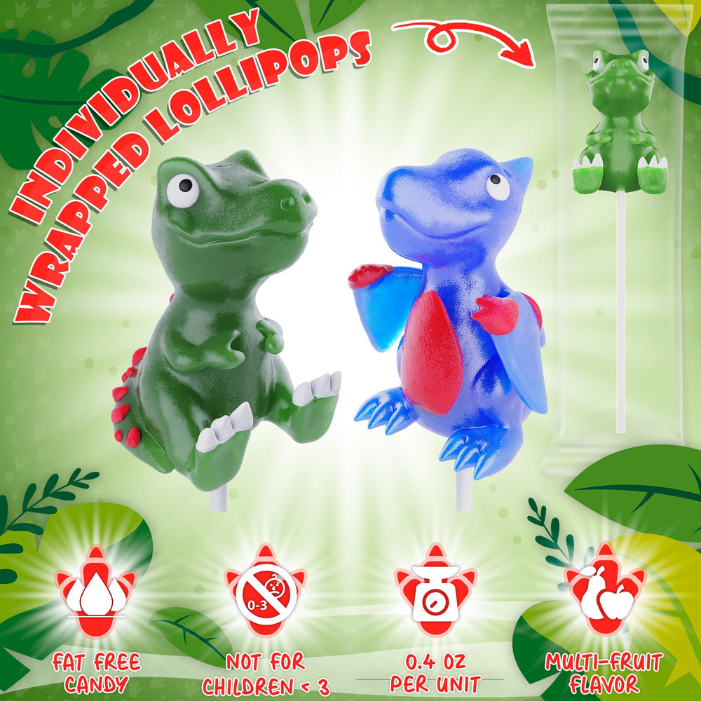 Primary Colors Candy dinosaur lollipop Triceratops adds blue raspberry flavor to favor bags.