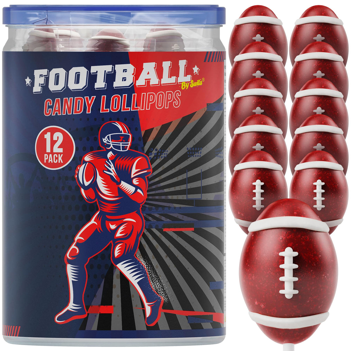 Primary Colors Candy Raspberry Football Lollipops 12-pack for party favors