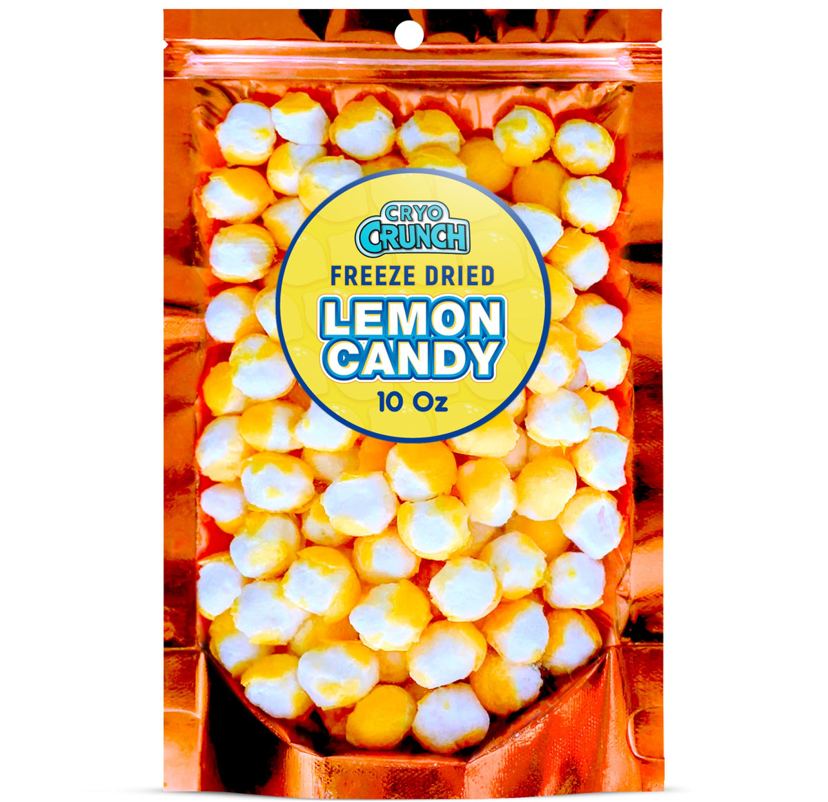 Primary Colors Candy Freeze Dried Lemon Heads 10oz pack shot highlights crunchy citrus delight