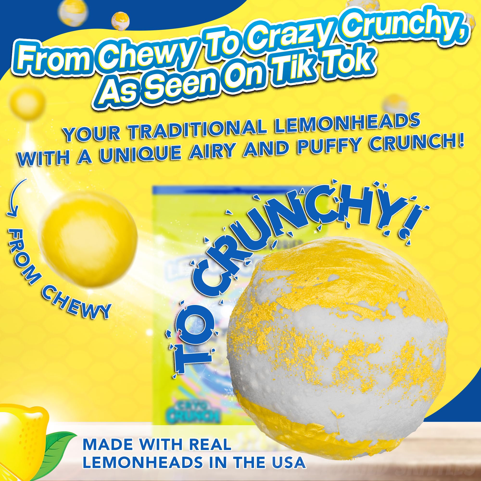 Primary Colors Candy Freeze Dried Lemon Heads texture closeup shows airy crunch and tart flavor