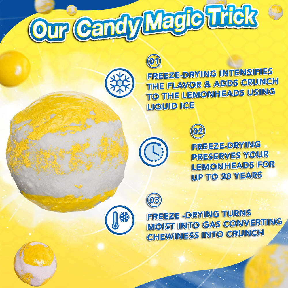 Primary Colors Candy Freeze Dried Lemon Heads texture snap captures crisp bite