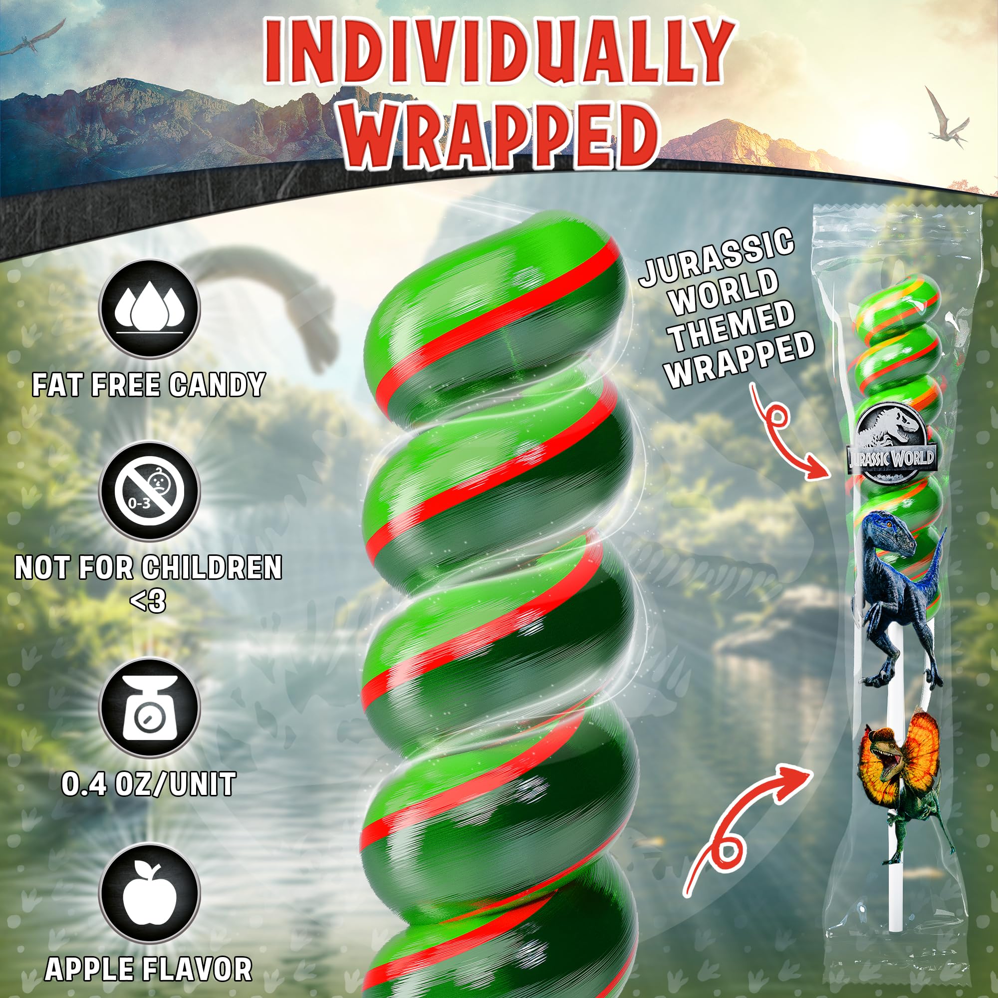 Jurassic World lollipops swirl 20pk displayed in a colorful party setup for desserts.
