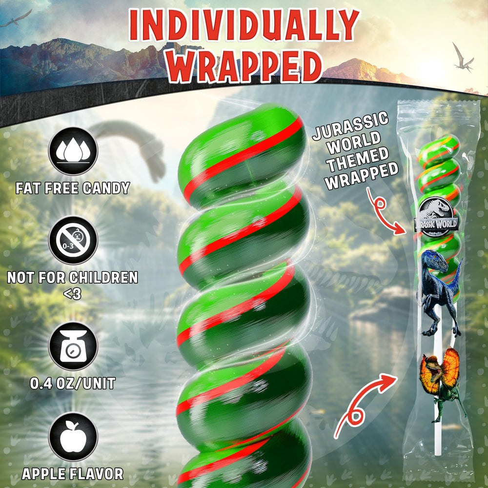 Jurassic World lollipops swirl 20pk displayed in a colorful party setup for desserts.
