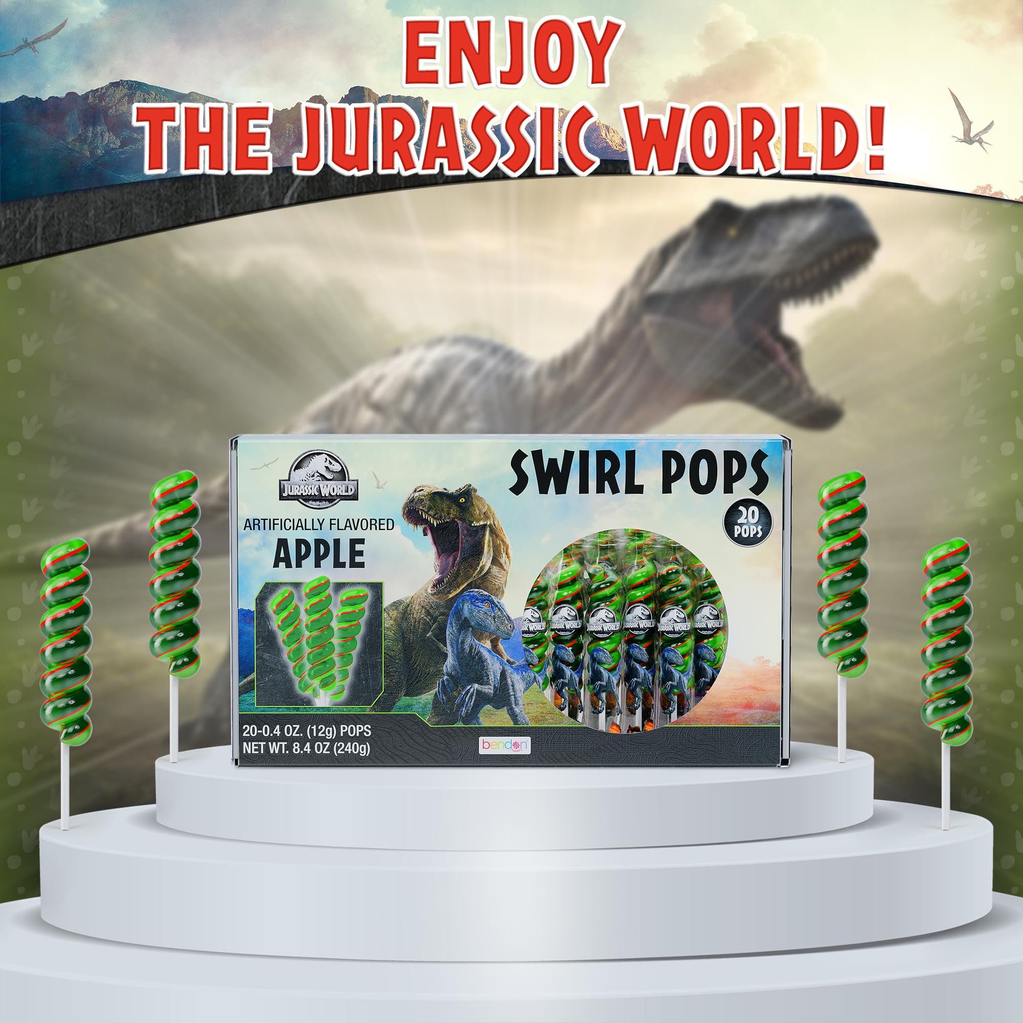 Jurassic World lollipops swirl 20pk close-up, highlighting easy-to-use foil packaging.