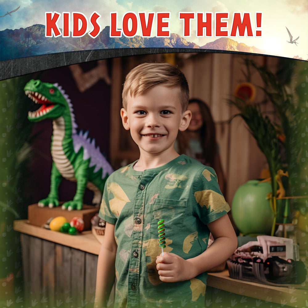 Primary Colors Candy Jurassic World lollipops swirl 20pk used as dinosaur-themed favors for guests.