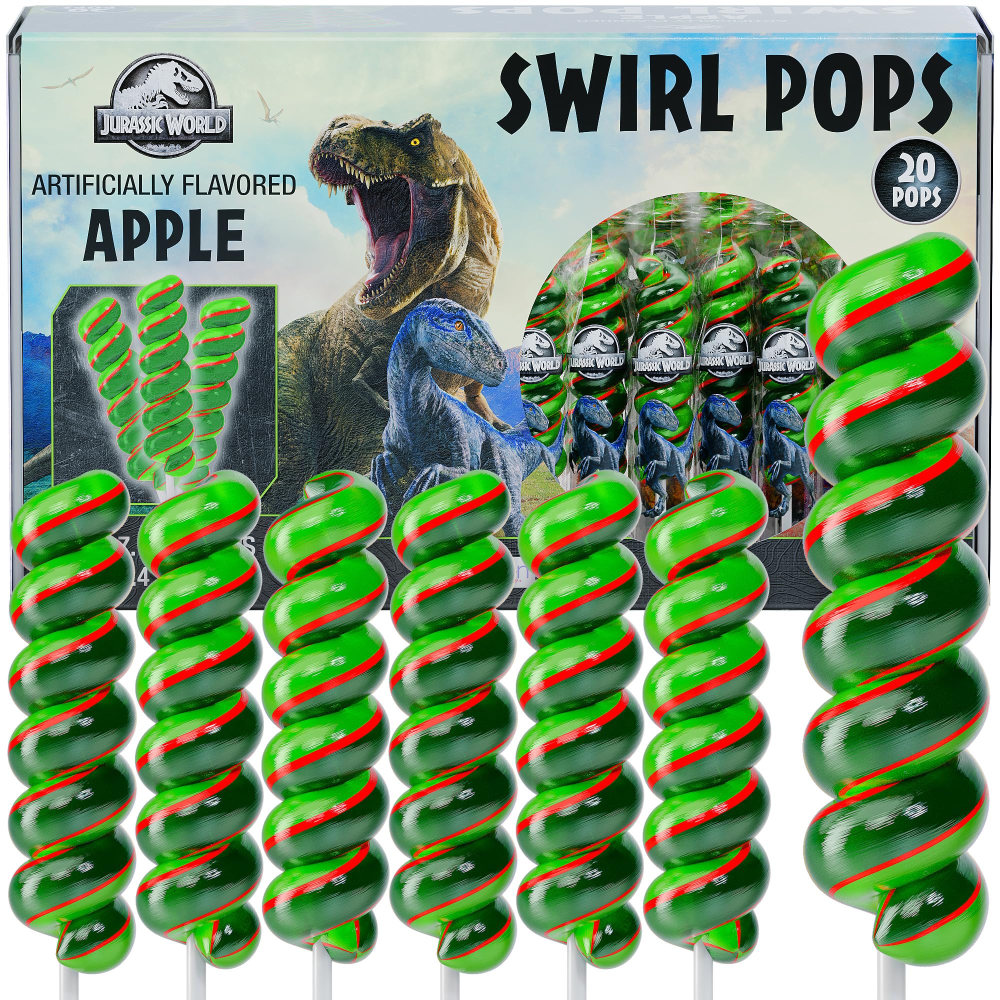 Primary Colors Candy Jurassic World lollipops swirl 20pk, a standout party treat with fruity flavor.