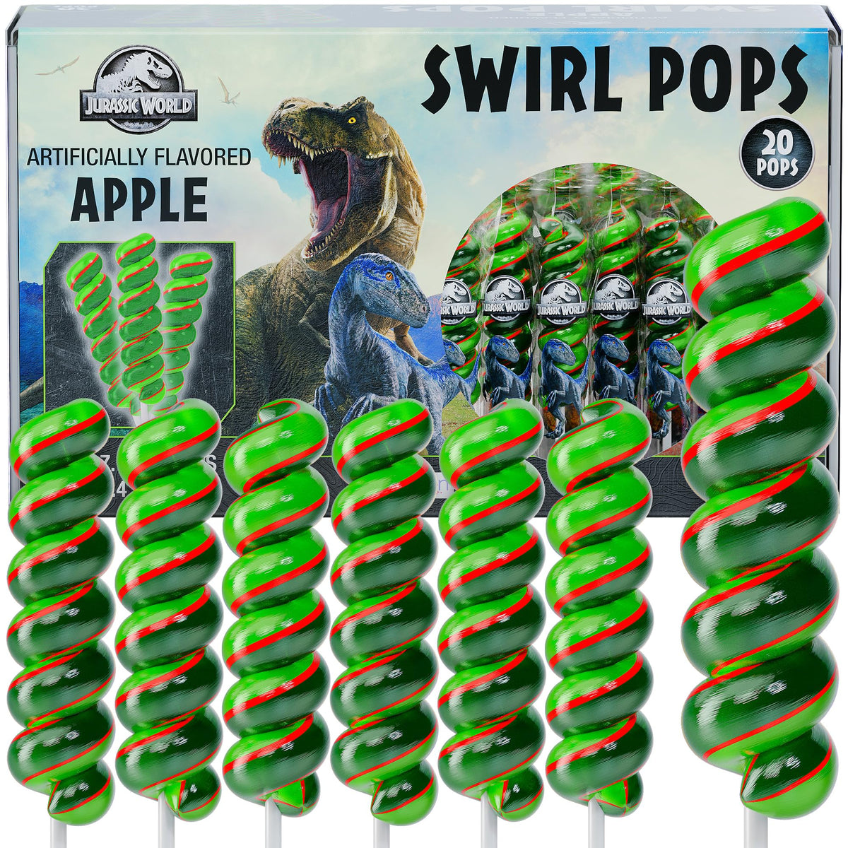 Primary Colors Candy Jurassic World lollipops swirl 20pk, a standout party treat with fruity flavor.