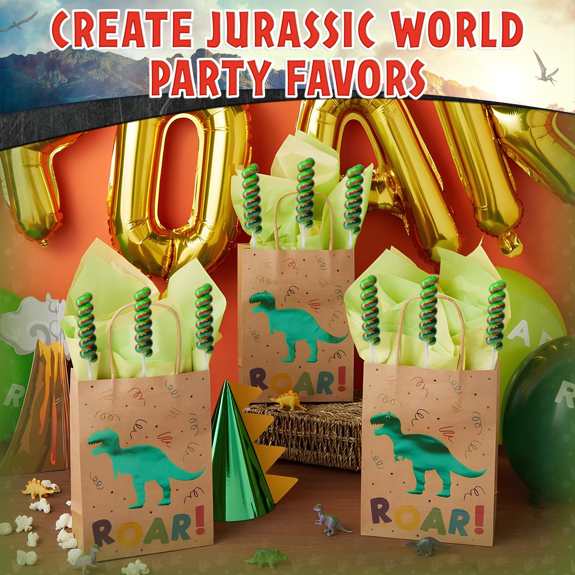 Jurassic World lollipops swirl 20pk, individually wrapped for freshness at the celebration.