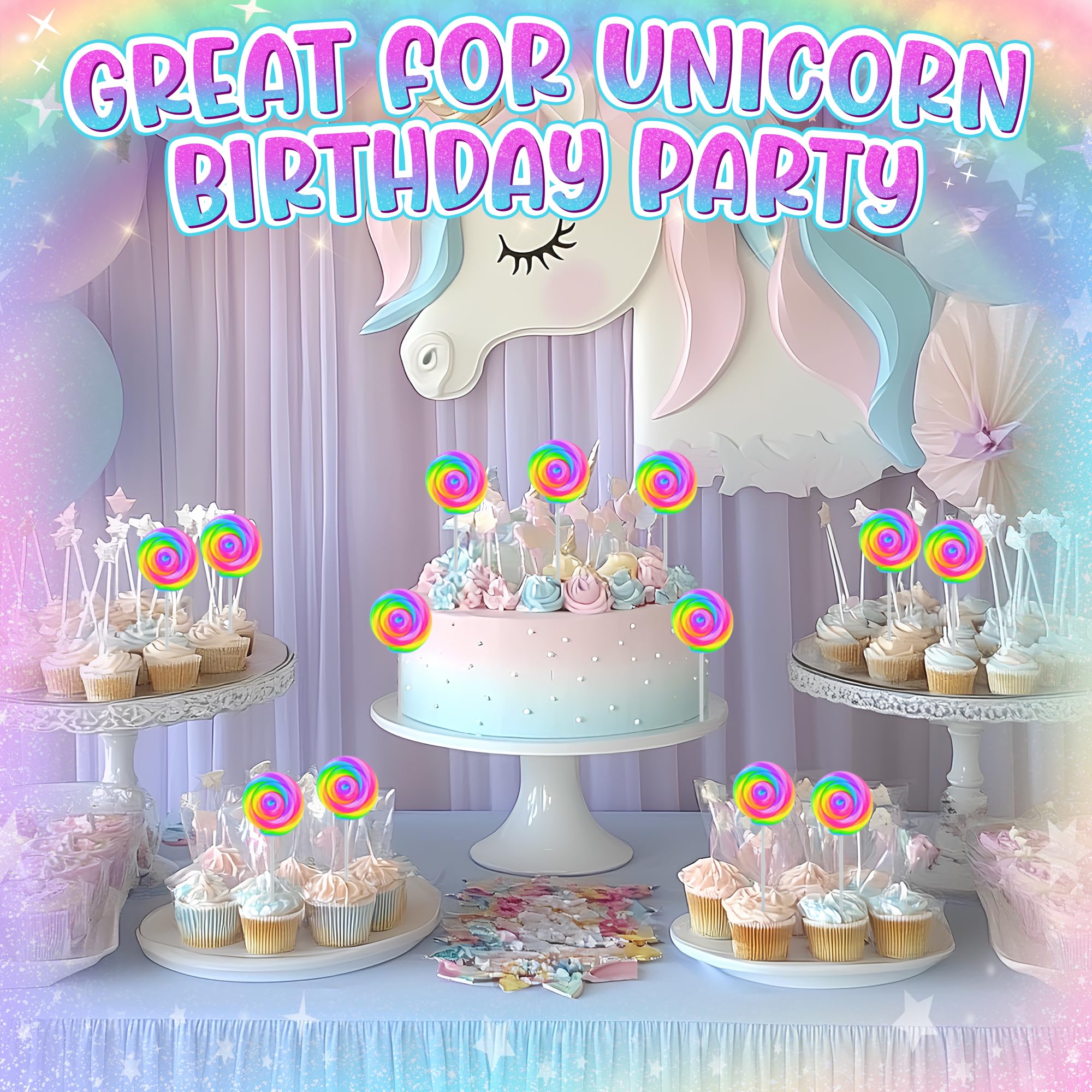 Unicorn swirl lollipops with rainbow colors for a magical birthday table