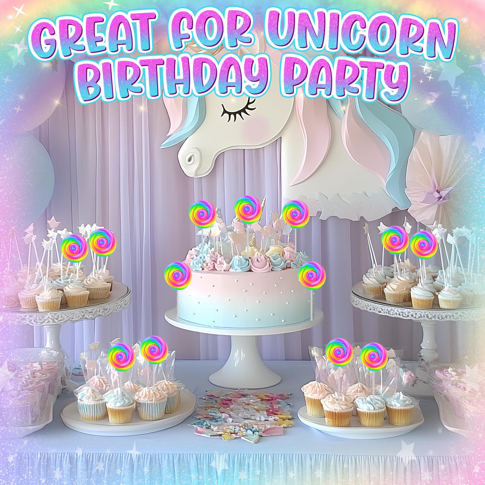 Unicorn swirl lollipops with rainbow colors for a magical birthday table