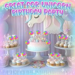 Unicorn swirl lollipops with rainbow colors for a magical birthday table