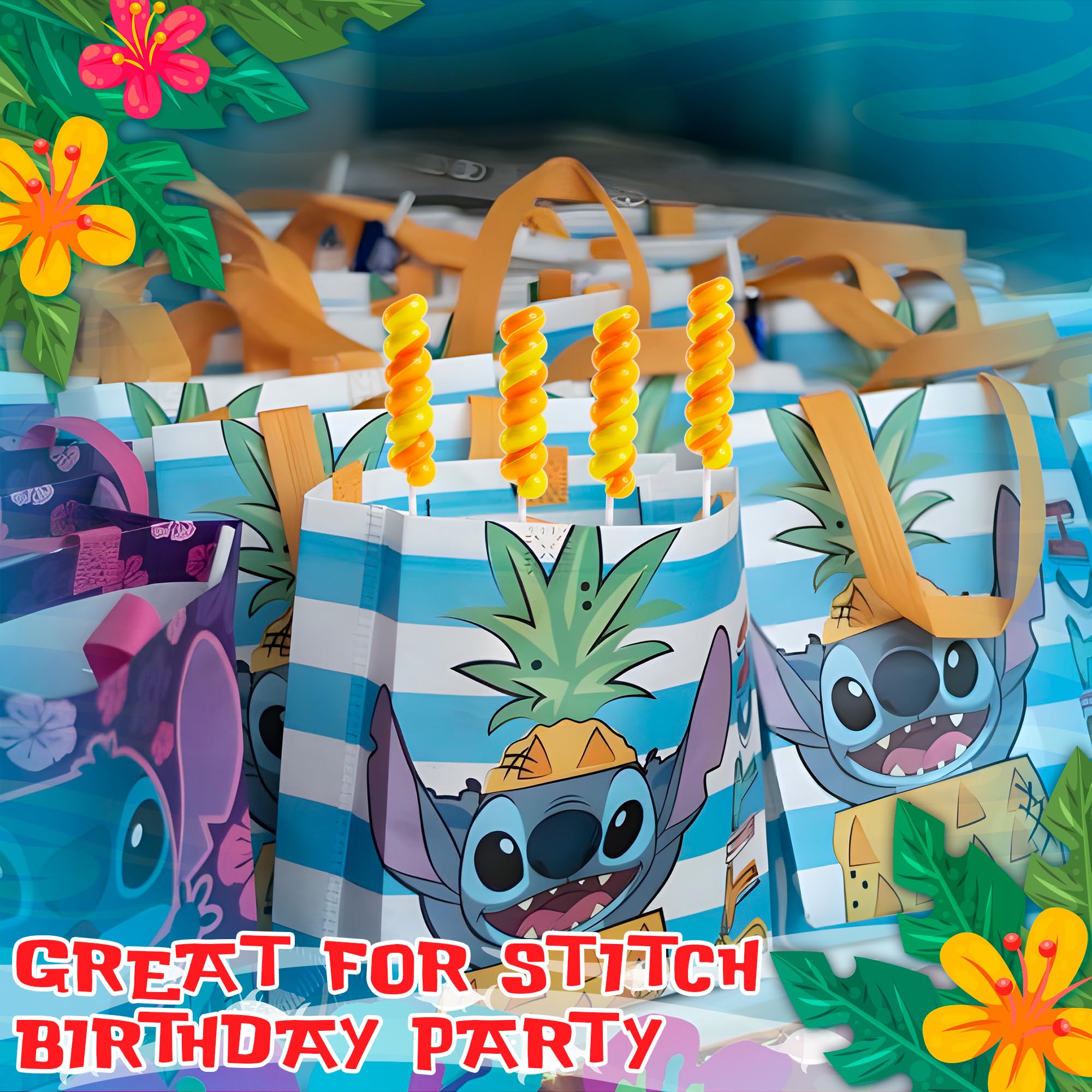 Stitch party decor: lollipop toppers and cake accents from Primary Colors Candy.