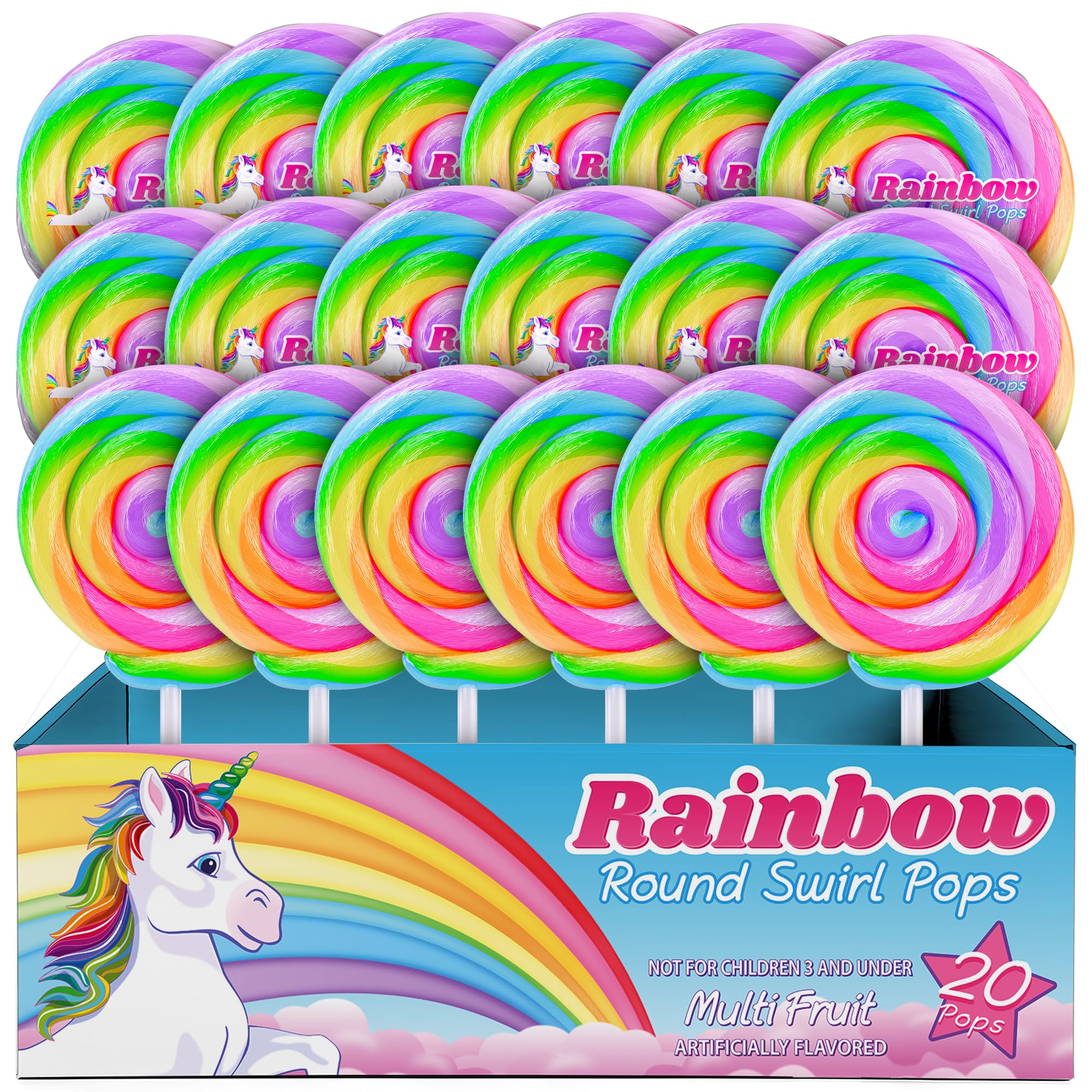 Primary Colors Candy unicorn lollipops 20-pack with rainbow swirls for party favors