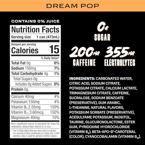Prime Energy DREAMPOP can back label shows caffeine and electrolyte details