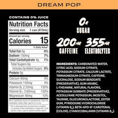 Prime Energy DREAMPOP can back label shows caffeine and electrolyte details