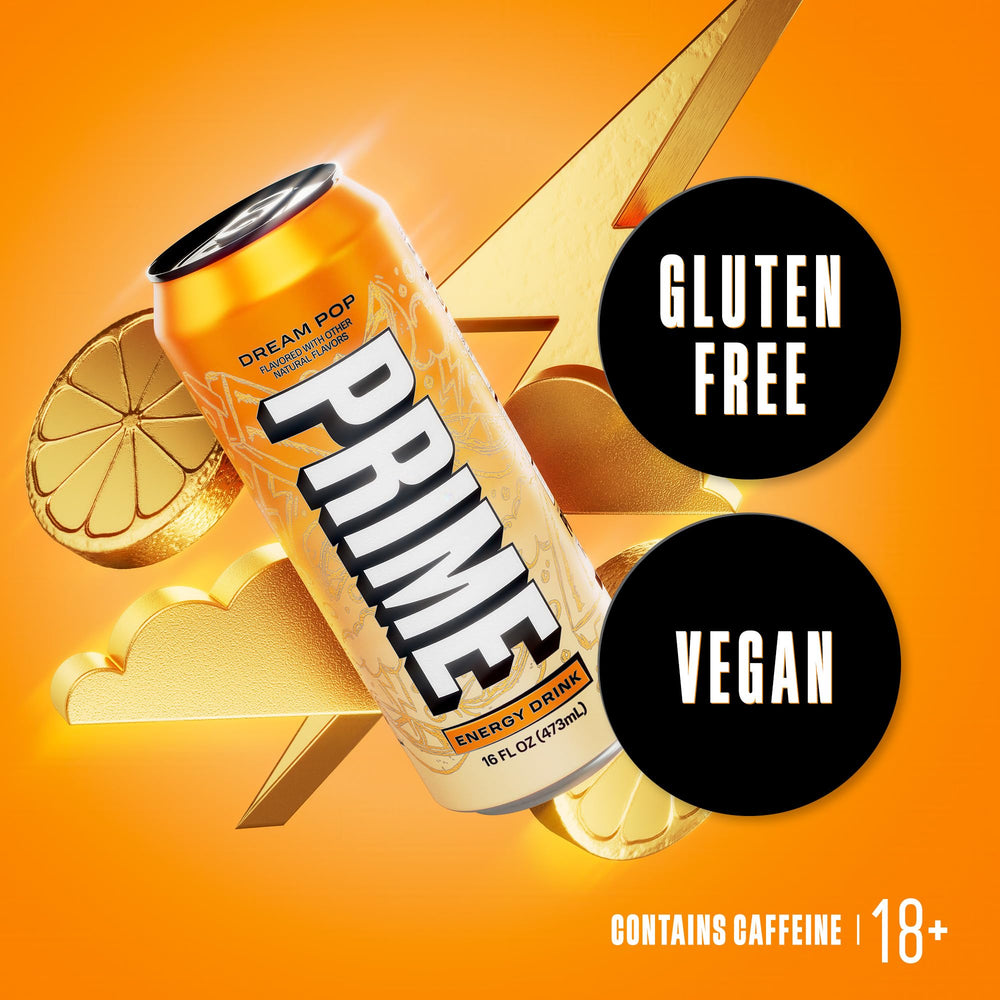 Prime Energy DREAMPOP ingredients close-up emphasizing no artificial colors or flavors