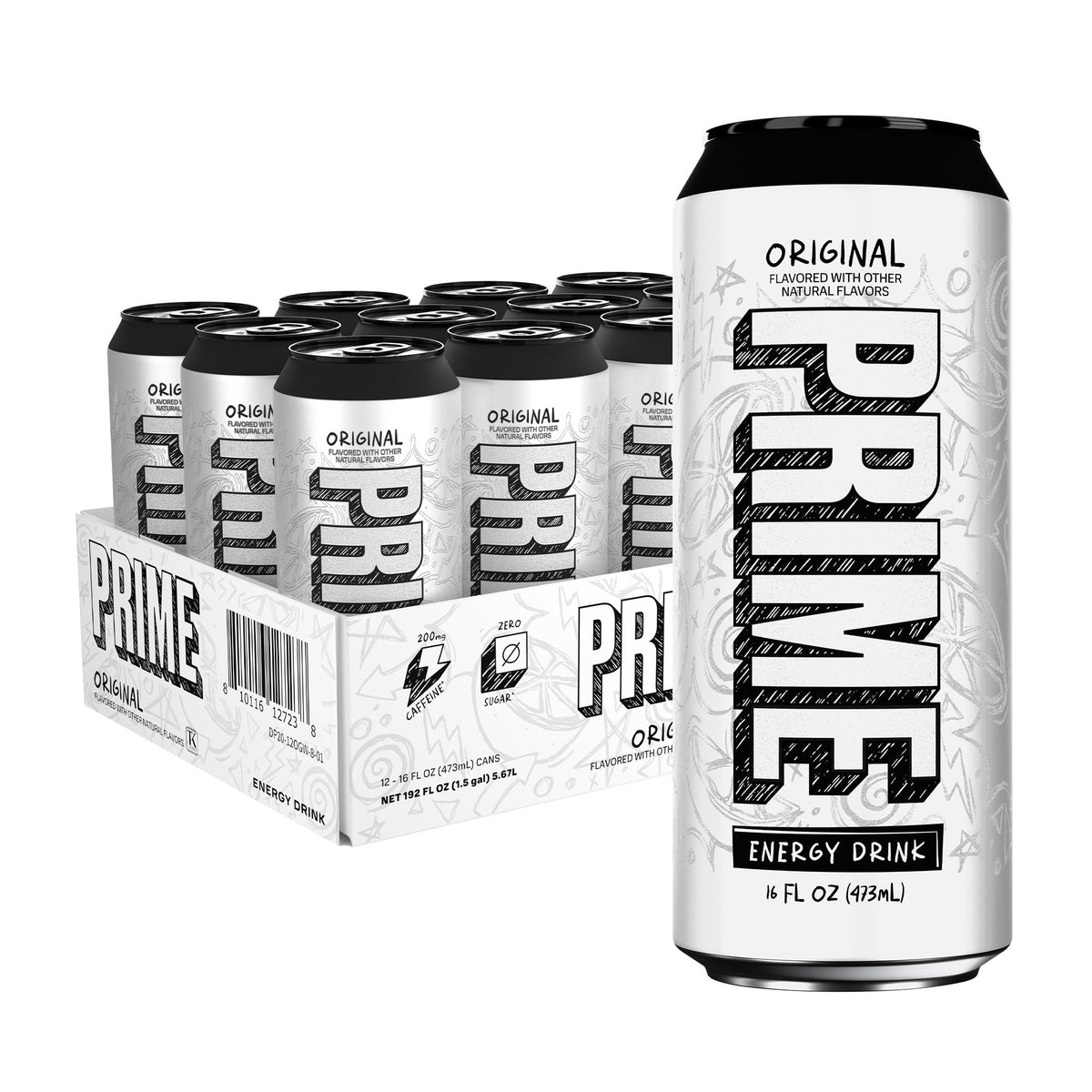 Prime Energy Original can front view highlighting zero sugar for clean energy