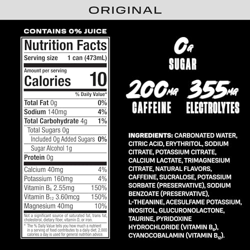 Prime Energy Original can side view highlighting 200 mg caffeine for focus