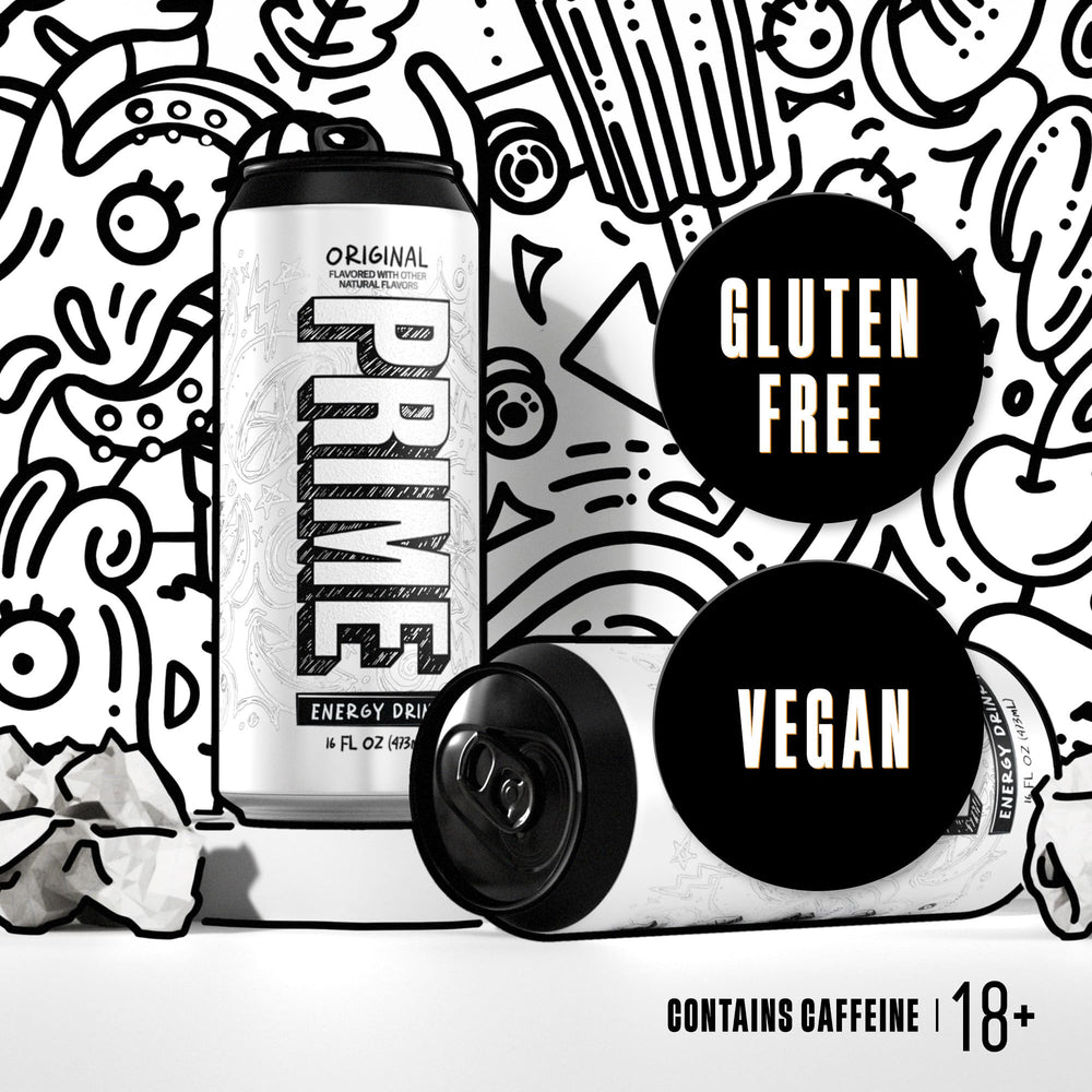 Prime Energy Original label close up showing vegan and gluten free formula