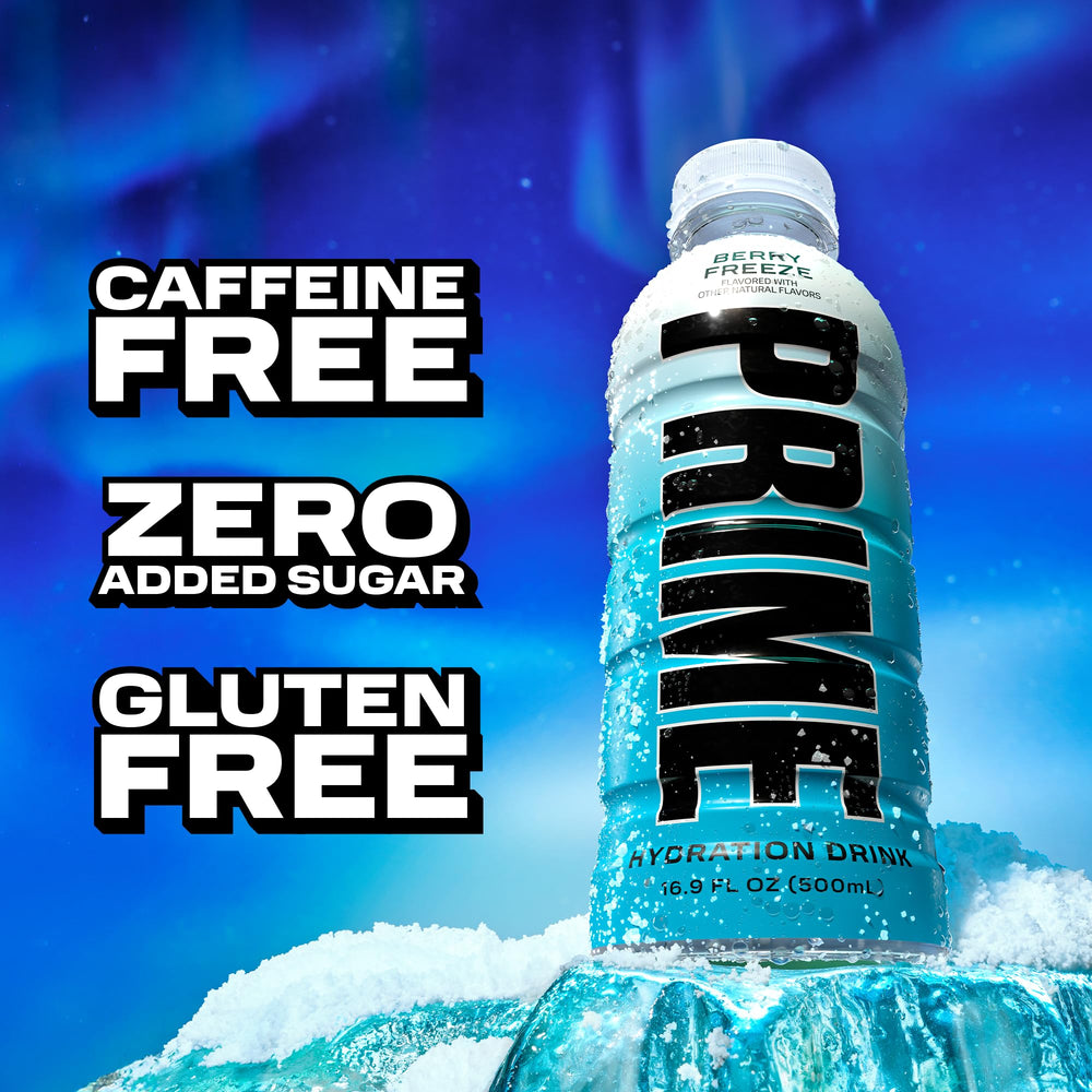 PRIME Hydration Berry Freeze ingredients panel with 10% coconut water.