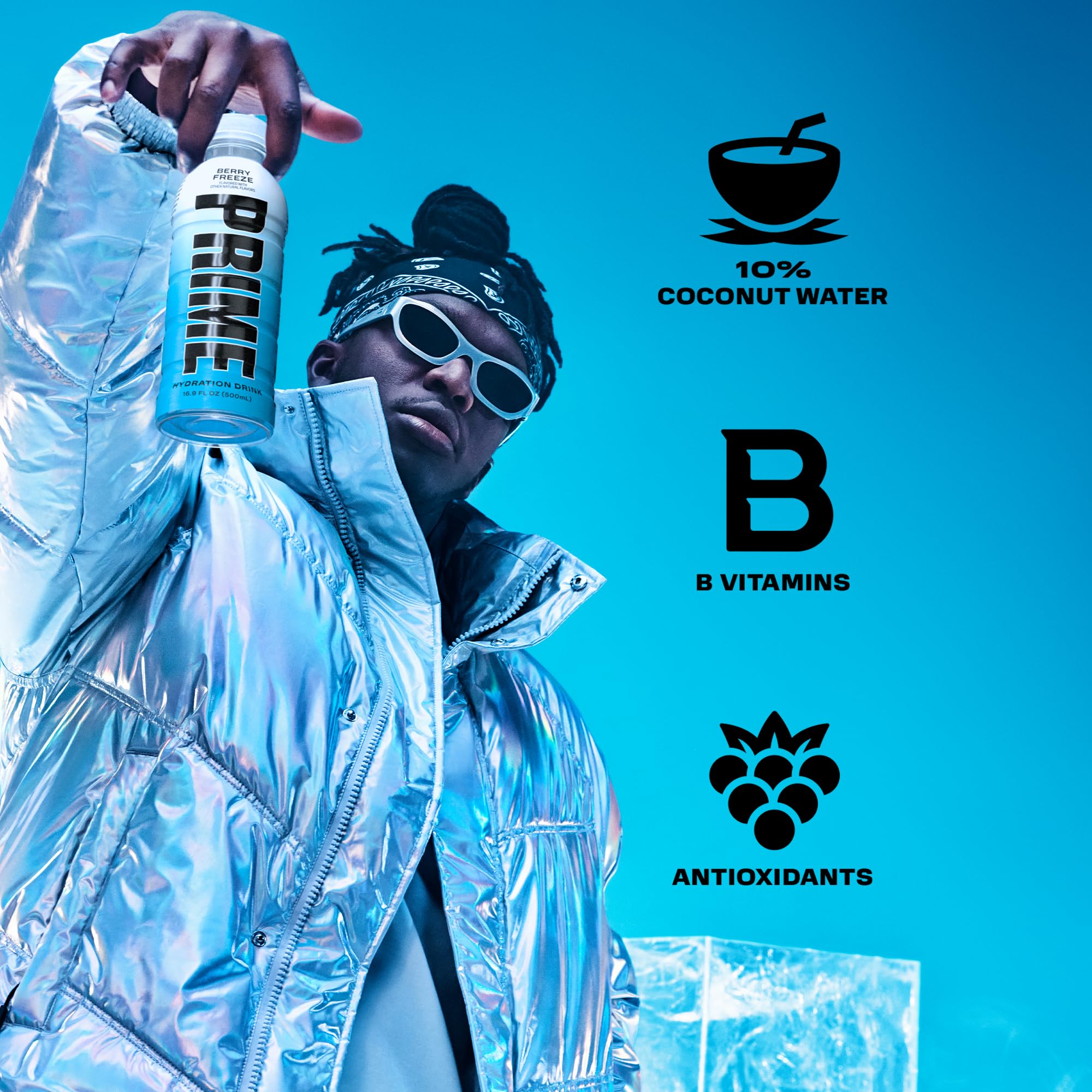 PRIME Hydration Berry Freeze label closeup highlighting electrolytes and antioxidants.