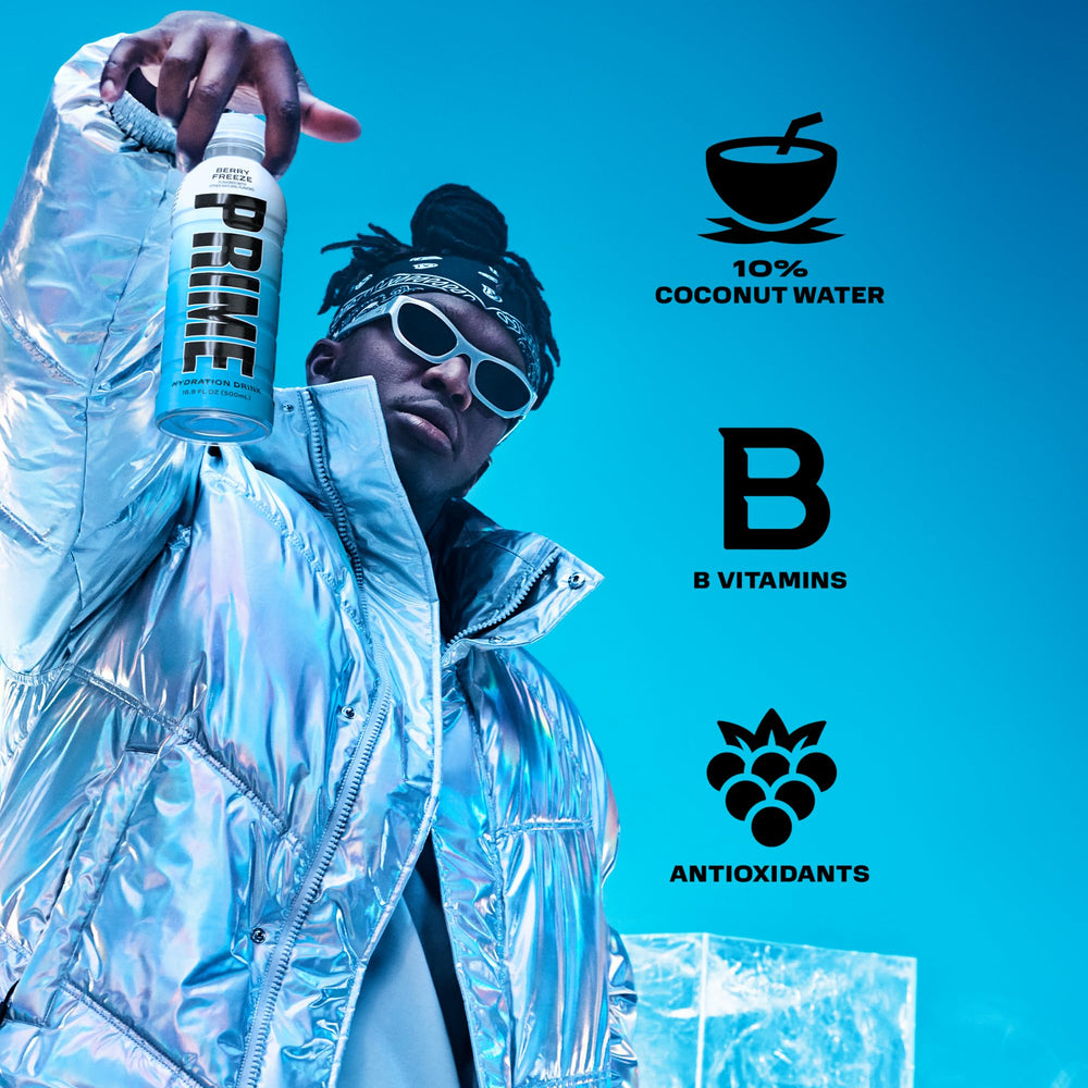 PRIME Hydration Berry Freeze label closeup highlighting electrolytes and antioxidants.