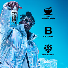 PRIME Hydration Berry Freeze label closeup highlighting electrolytes and antioxidants.
