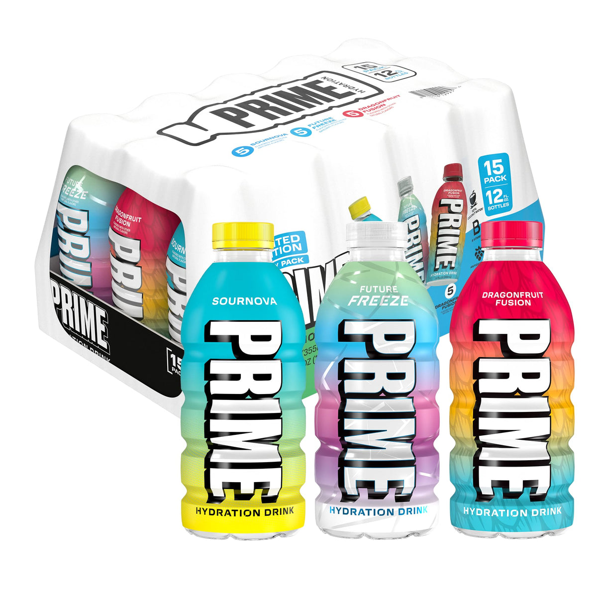 PRIME Hydration bottle pour showing refreshing electrolytes ideal for post-workout recovery