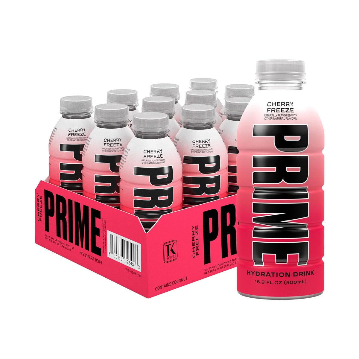 Prime Hydration Cherry Freeze bottle front shows bold flavor and electrolyte blend for rehydration.