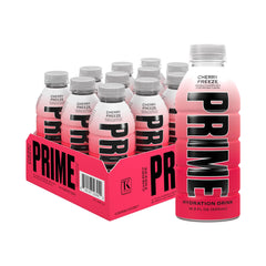 Prime Hydration Cherry Freeze bottle front shows bold flavor and electrolyte blend for rehydration.