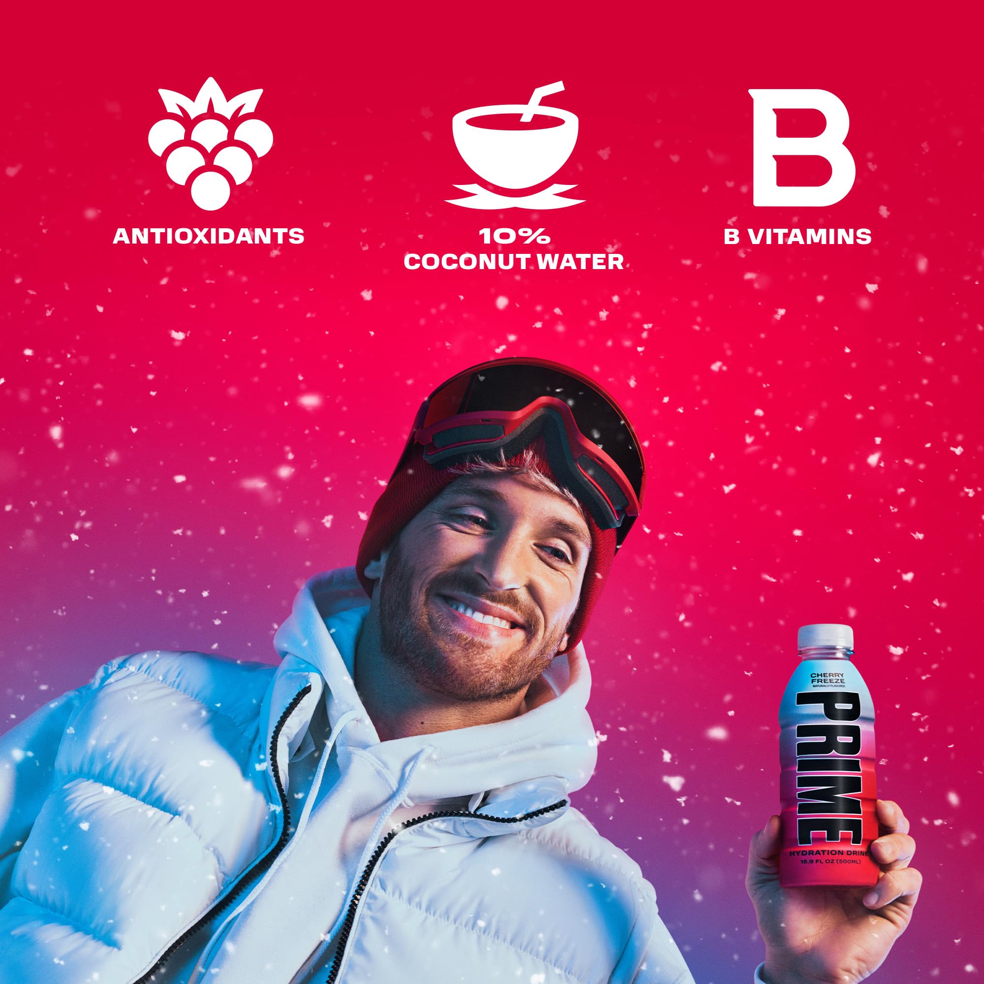 Prime Hydration Cherry Freeze bottle label close-up emphasizes natural flavor and caffeine-free hydration.