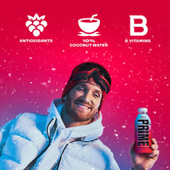 Prime Hydration Cherry Freeze bottle label close-up emphasizes natural flavor and caffeine-free hydration.