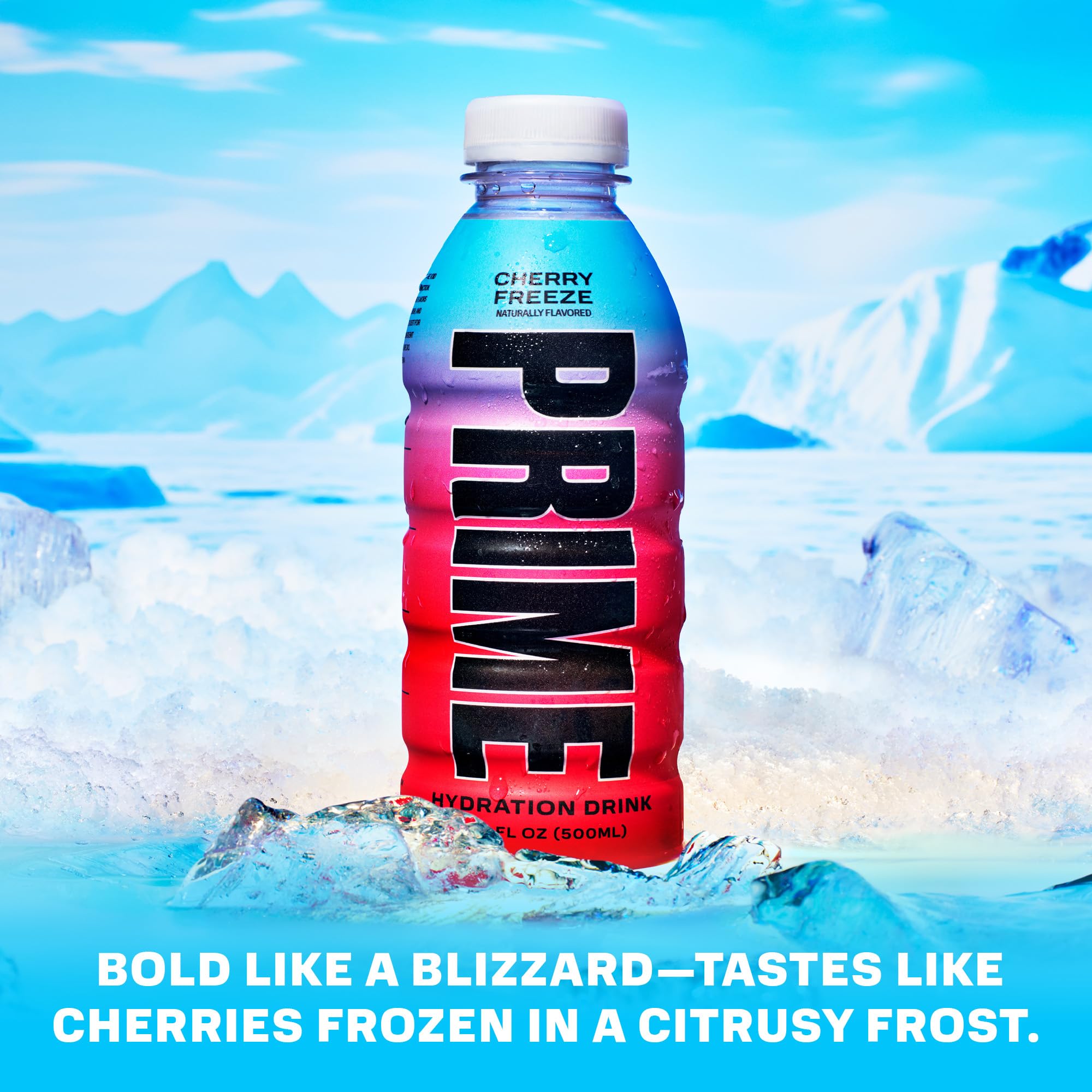 Prime Hydration Cherry Freeze bottle pour demonstrates quick hydration on the go after workouts.