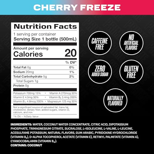 Prime Hydration Cherry Freeze bottle side highlights low sugar and BCAAs for recovery support.