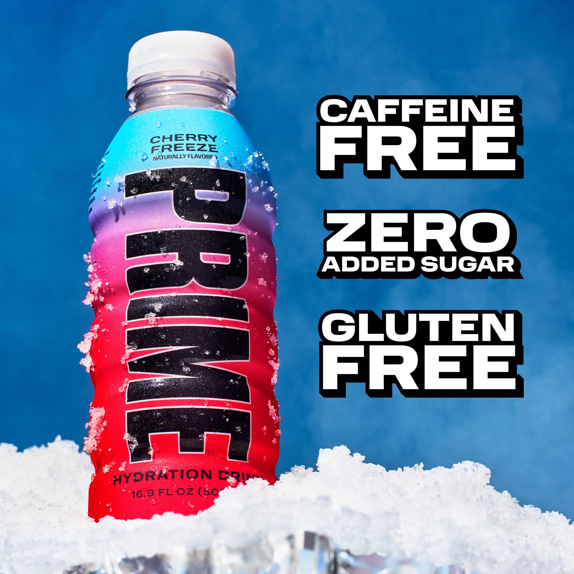 Prime Hydration Cherry Freeze glass with bottle evokes refreshing chill after training sessions.