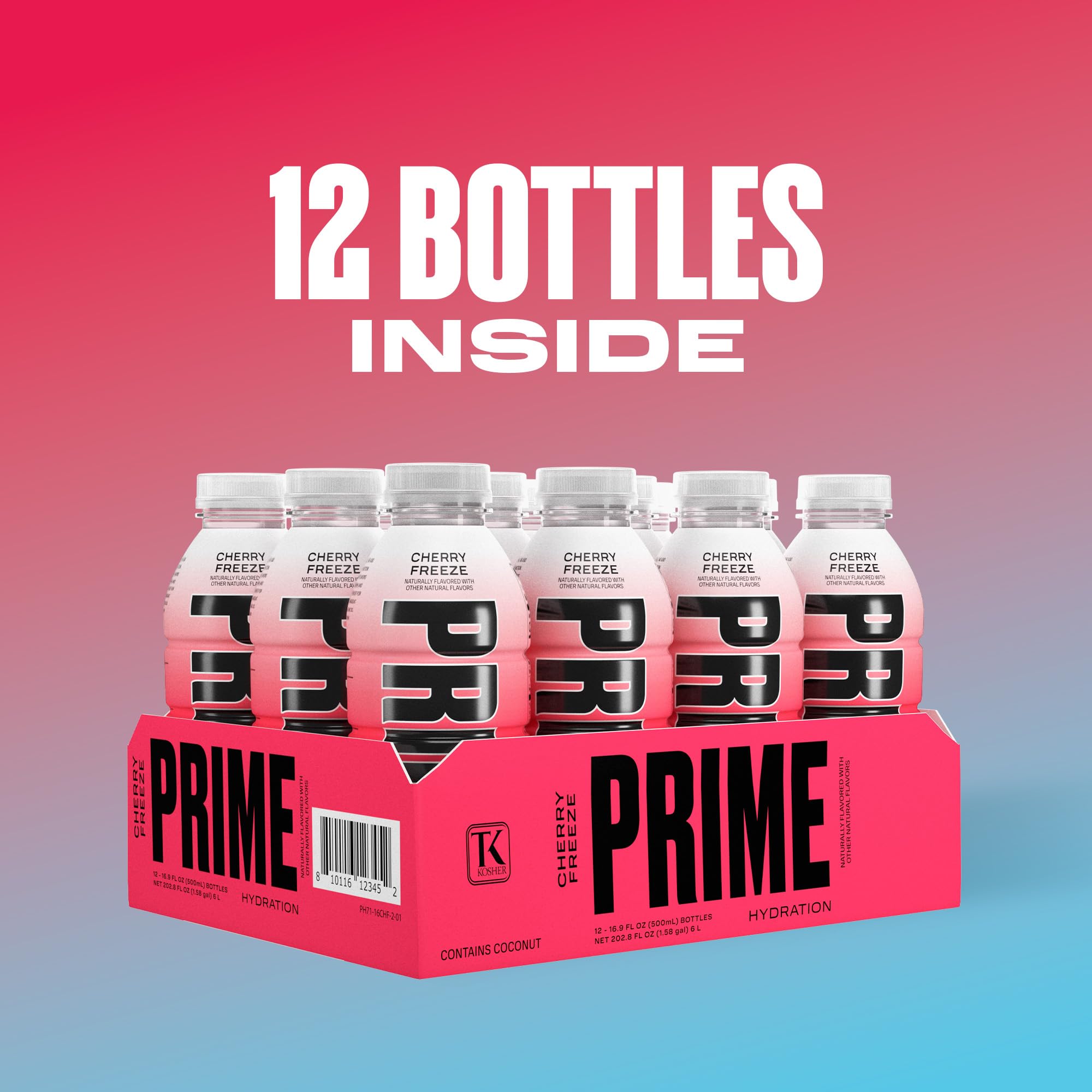 Prime Hydration Cherry Freeze packaging shows coconut water content and electrolytes for fluid balance.