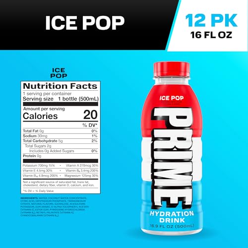 PRIME Hydration Ice Pop 12-pack display suggests convenient on-the-go hydration.