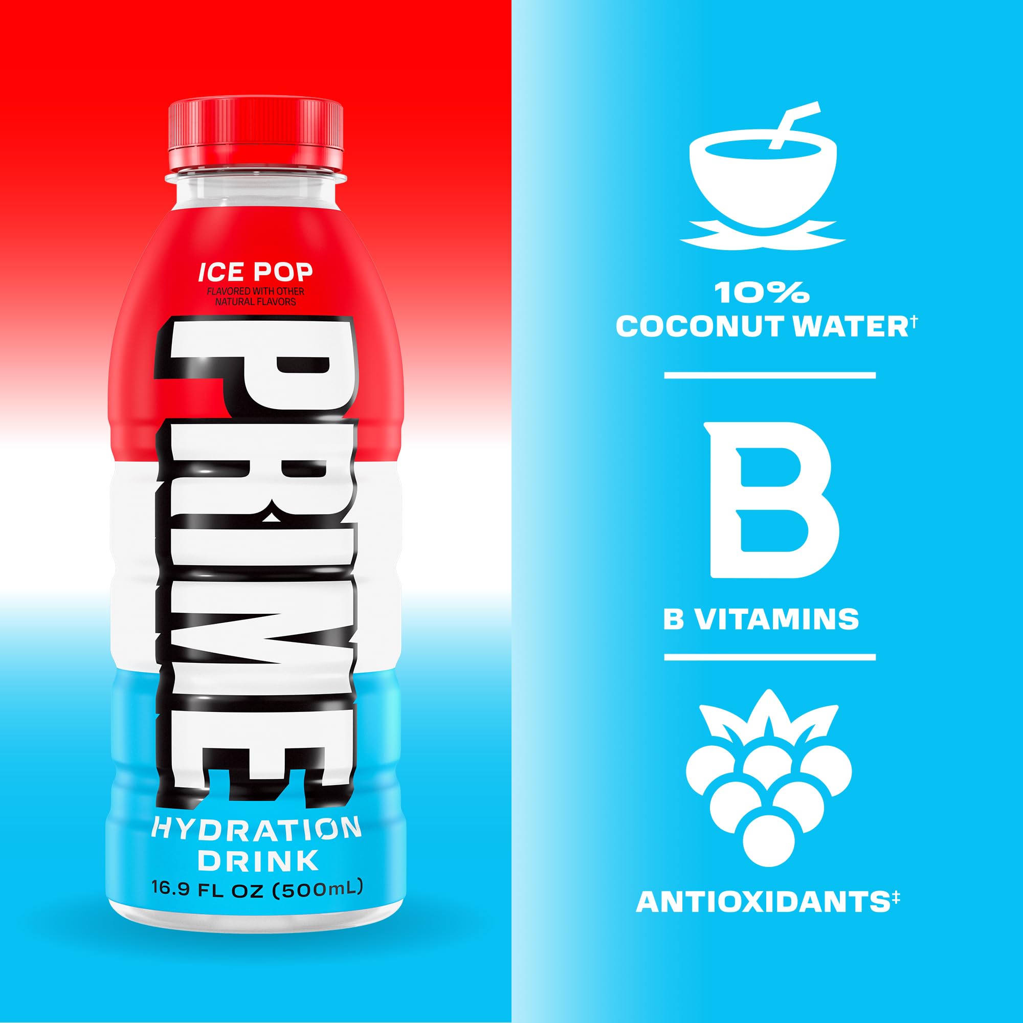 PRIME Hydration Ice Pop glass hero shows premium hydration ready-to-drink.