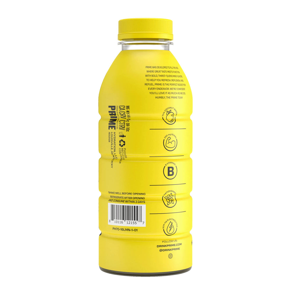 PRIME Hydration Lemonade flavor visuals showcasing thirst-quenching hydration.