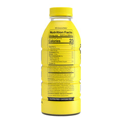 Close-up of PRIME Hydration Lemonade label highlighting electrolytes and low sugar.