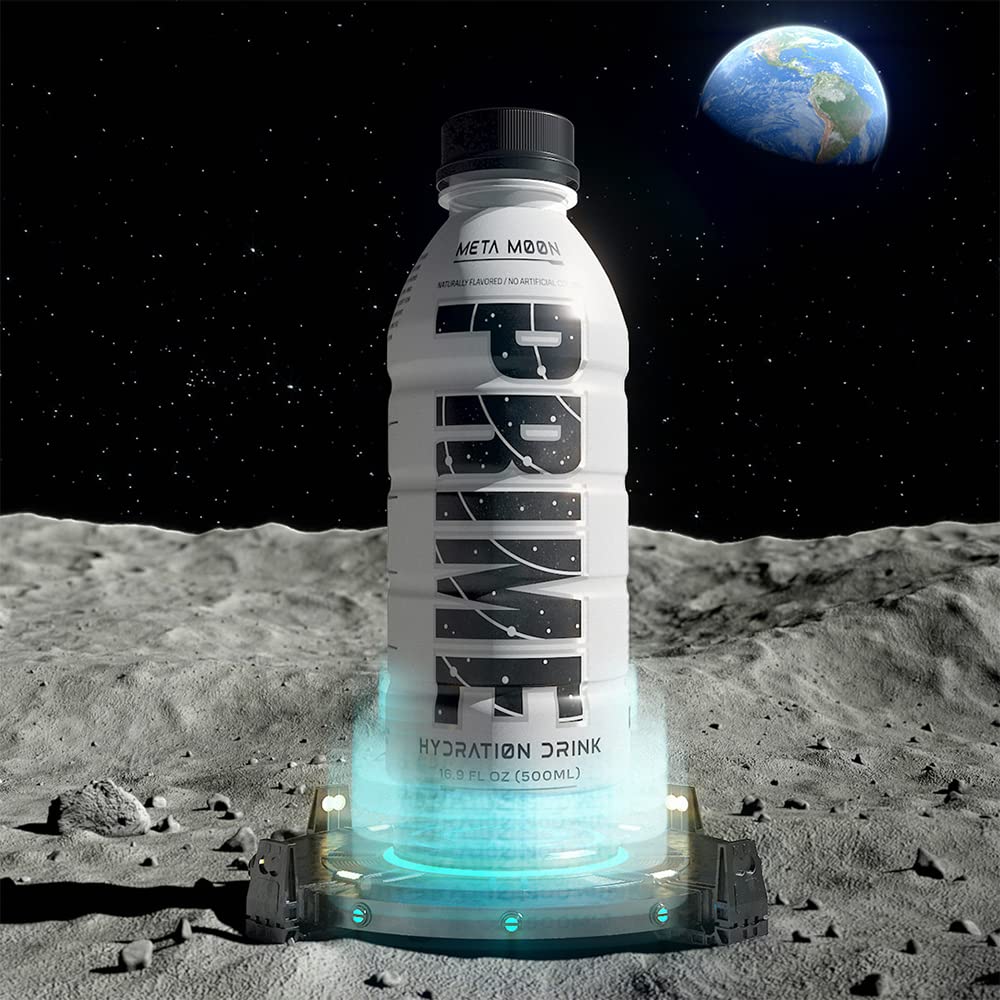 Prime Hydration META MOON splash on surface emphasizing low sugar.