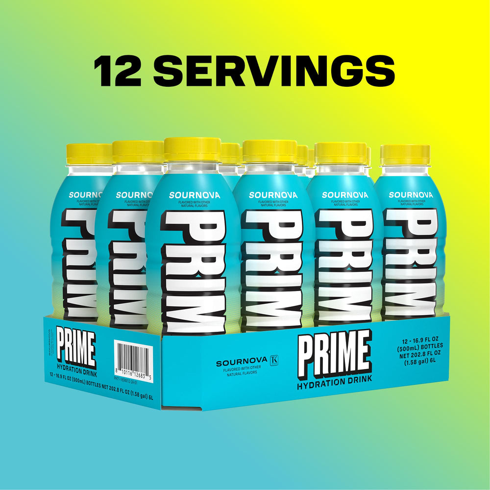 PRIME Hydration Sour Nova 12-pack flatlay showing convenience and value