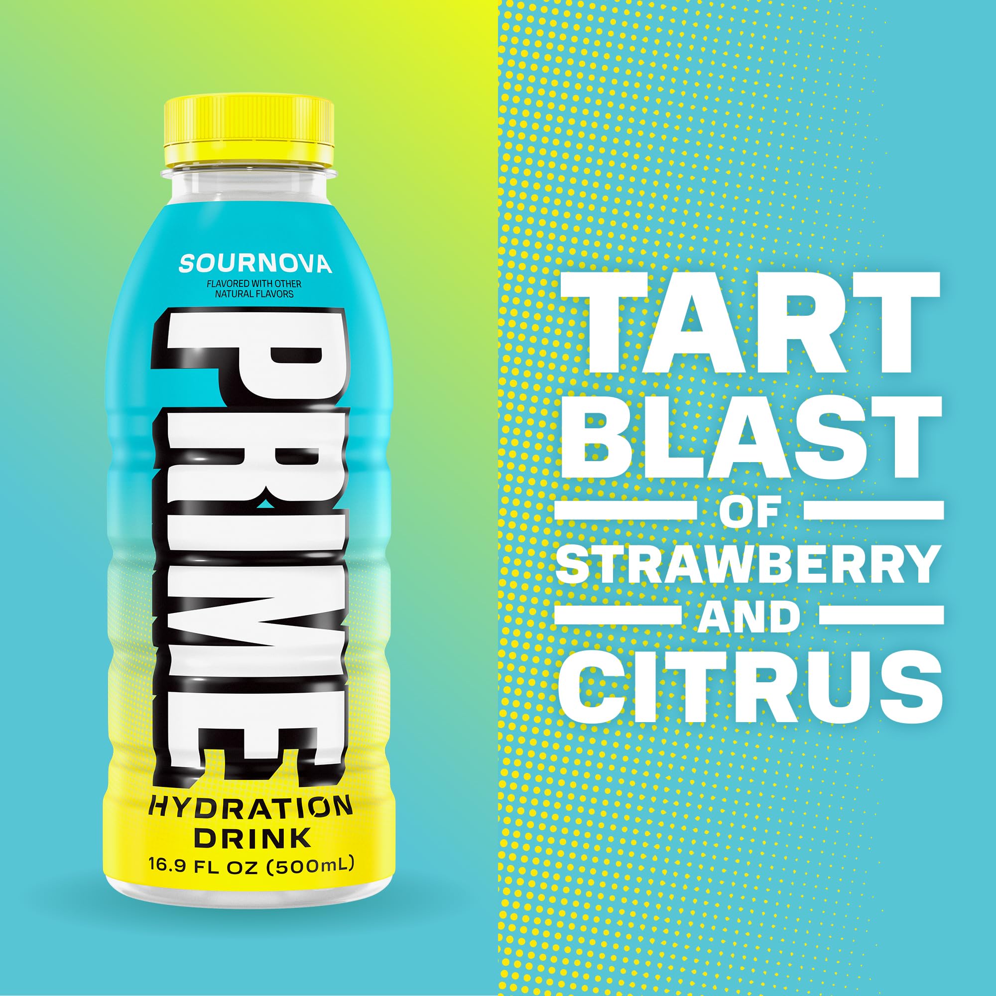 PRIME Hydration Sour Nova label close-up emphasizing natural flavors and zero sugar