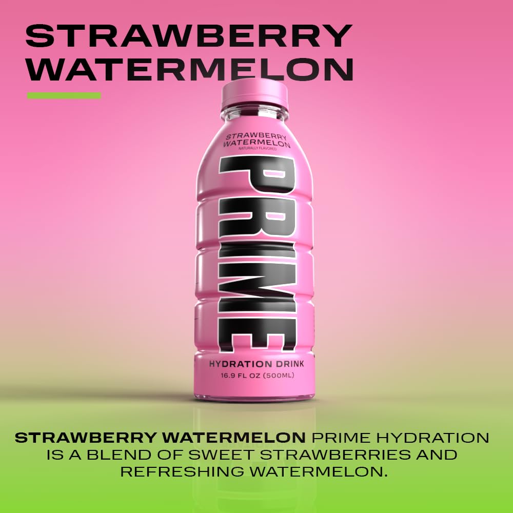 Close-up of PRIME Hydration Strawberry Watermelon label detailing natural ingredients