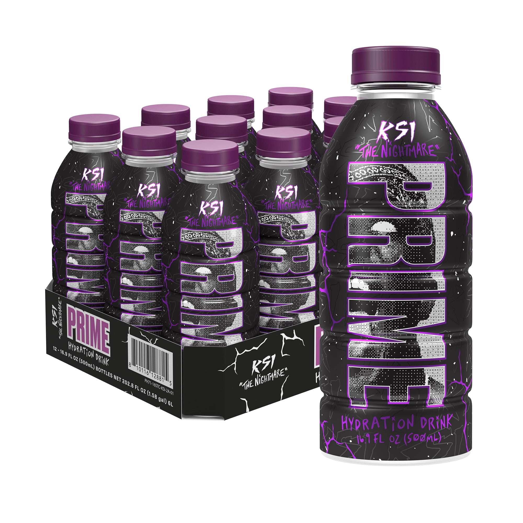 PRIME Hydration KSI THE NIGHTMARE bottle front shows energizing hydration on the go