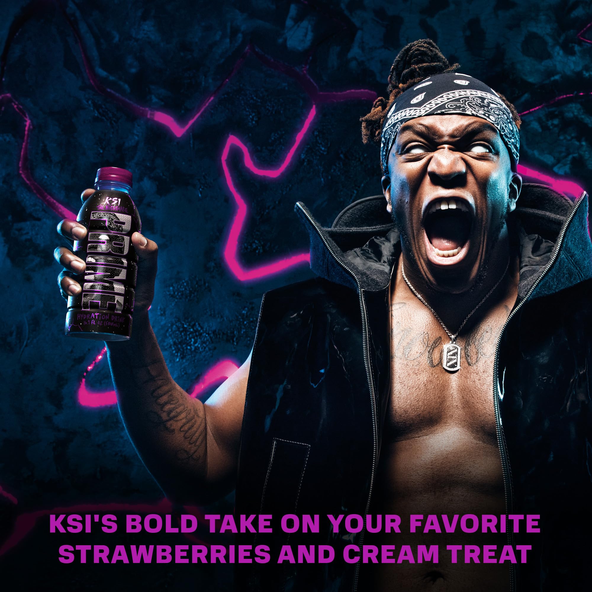 PRIME Hydration KSI THE NIGHTMARE label closeup highlighting natural flavors