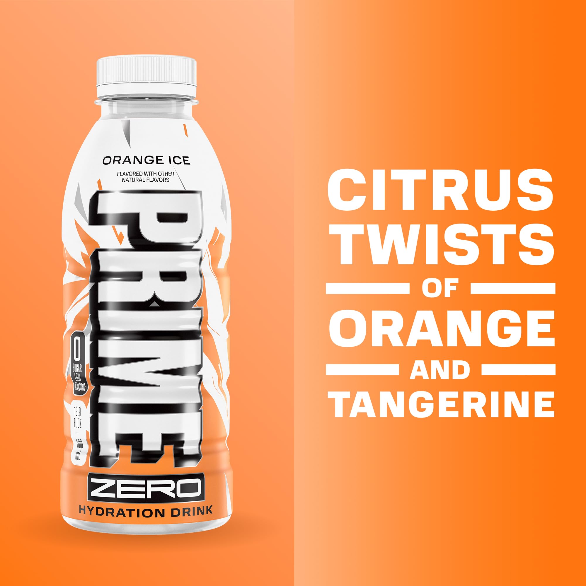 Prime Zero Orange Ice bottle with label close-up emphasizing natural flavors and caffeine-free formula.