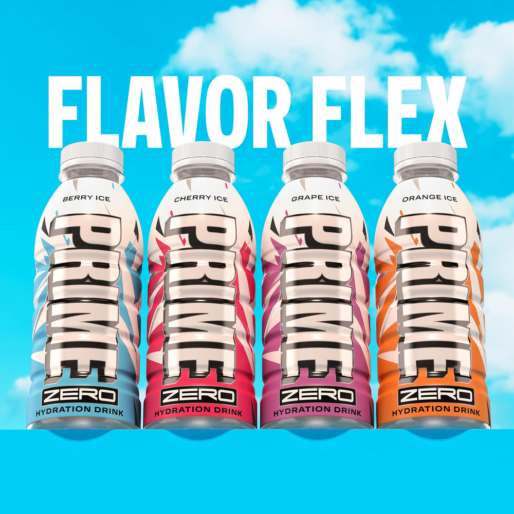Prime Zero Orange Ice bottle beside fresh oranges emphasizing natural flavors.
