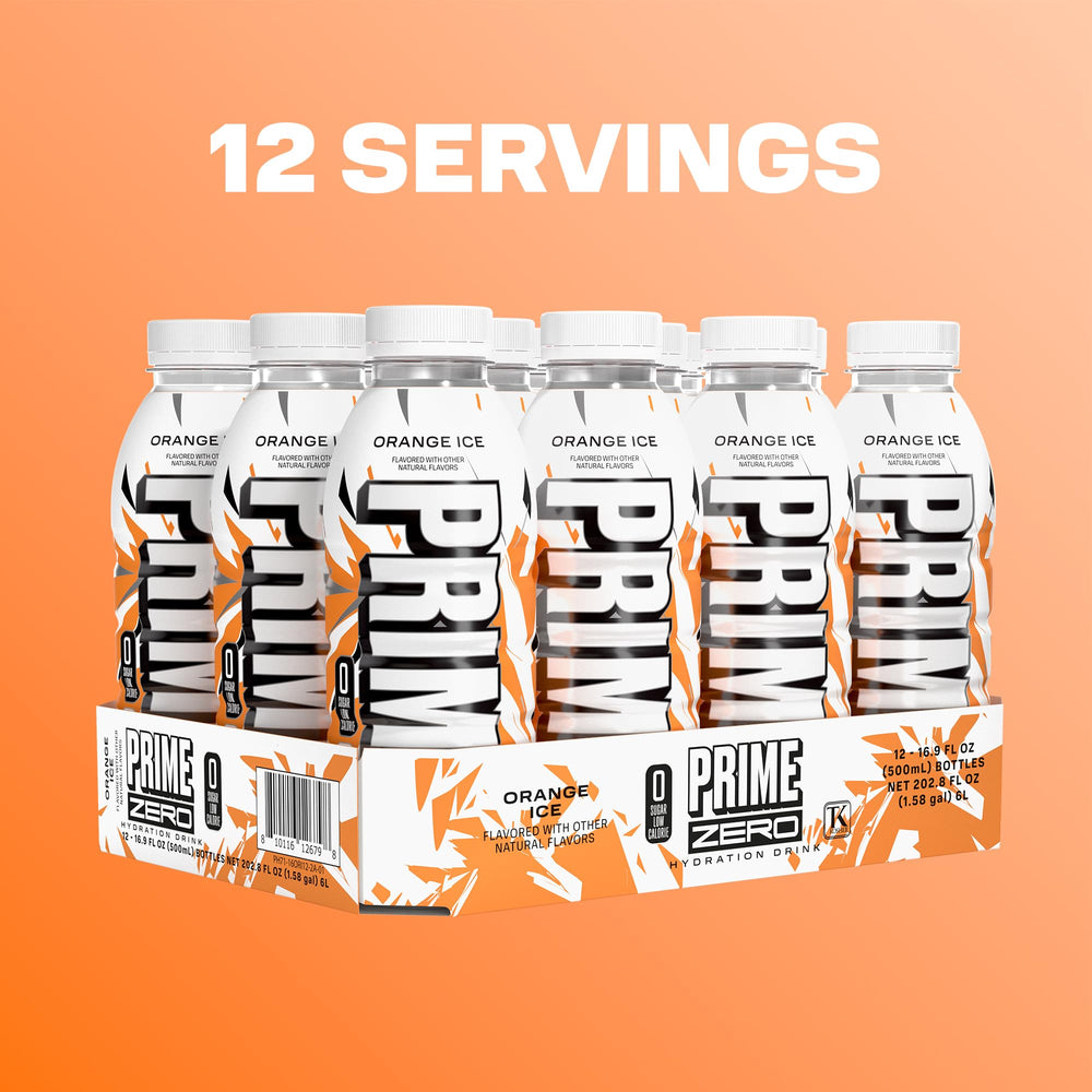Prime Zero Orange Ice bottle with ice in a gym setting for hydration after workouts.
