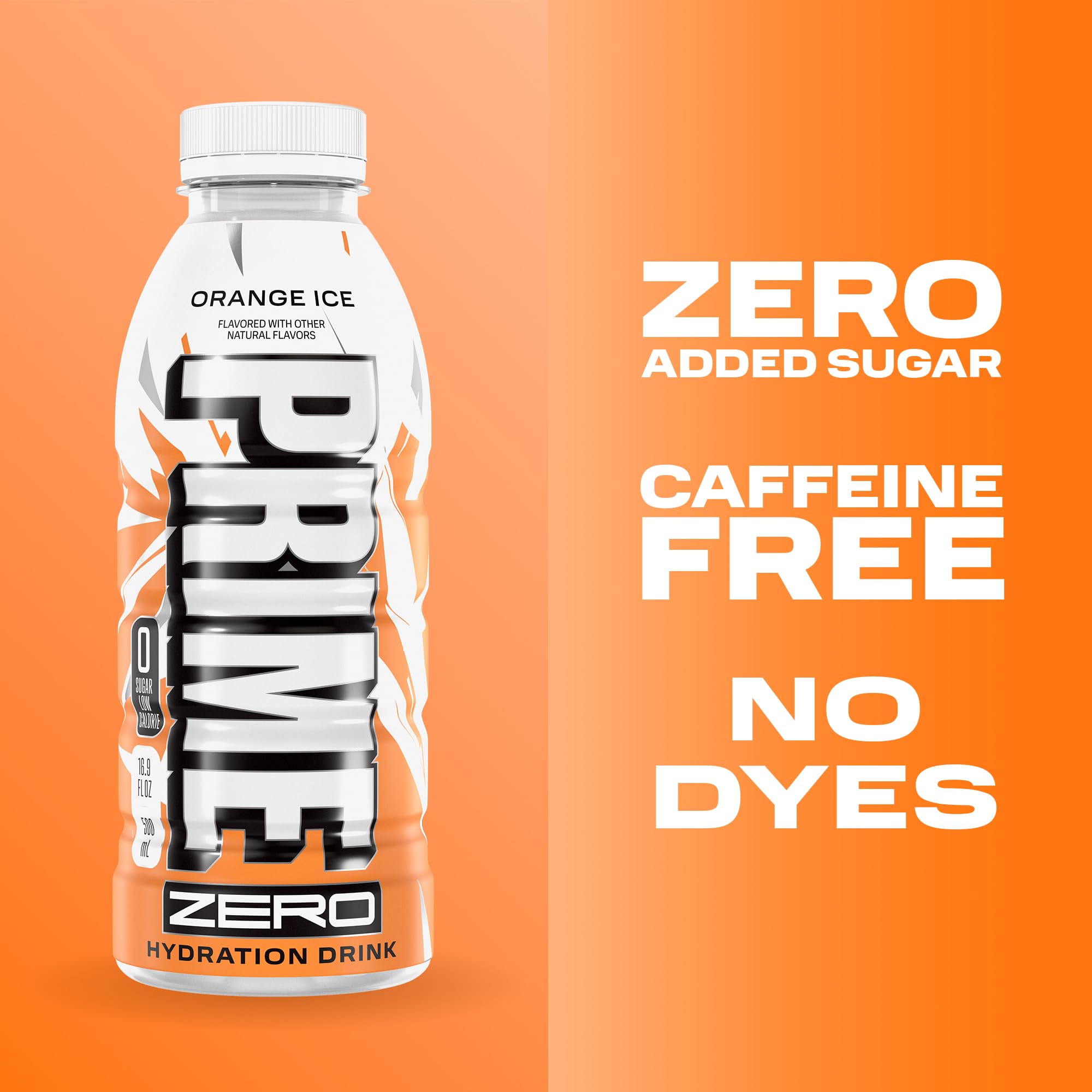 Prime Zero Orange Ice nutritional label close-up highlighting electrolytes and B vitamins.